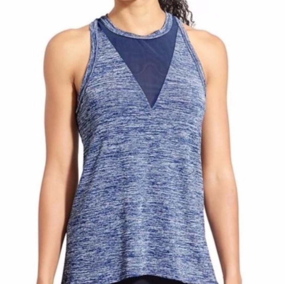 Athleta S Heathered Blue Tank Top with Mesh Cutouts